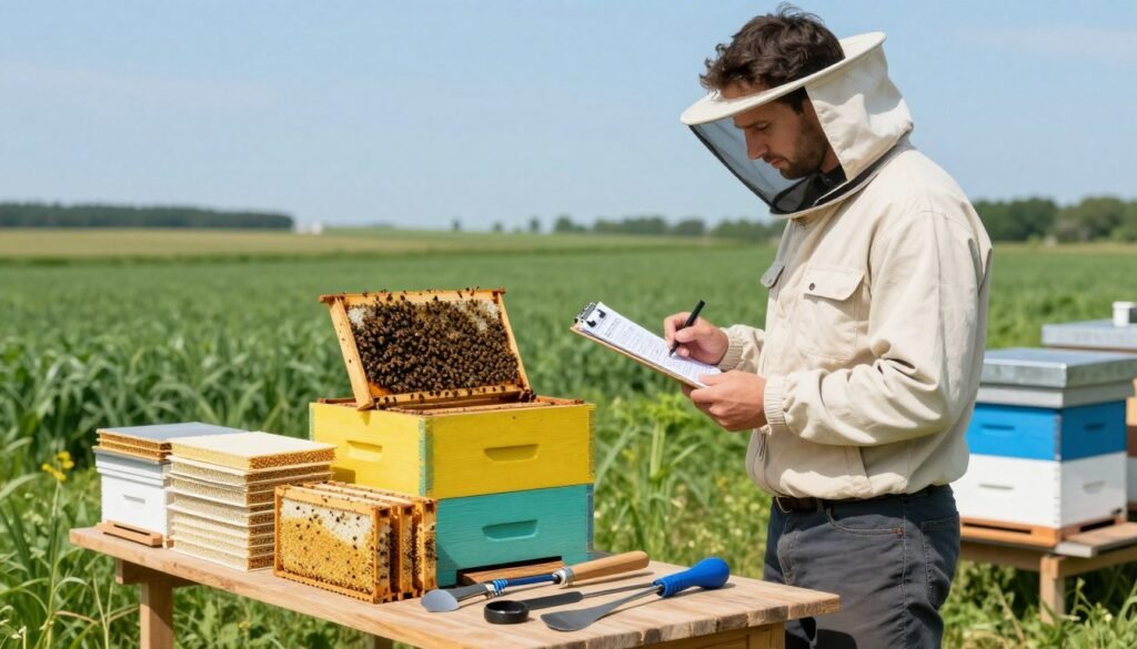A professional beekeeper in modest casual clothing stands in a well-organized apiary, examining a clipboard filled with inventory lists of apiary equipment. In the foreground, stacks of clean pollen frames, beehive tools, and protective gear are neatly arranged on a wooden table. In the middle ground, a vibrant beehive with buzzing bees showcases the thriving environment, while a backdrop of lush green fields under a bright blue sky creates a harmonious scene. Bright, natural lighting illuminates the workspace, casting soft shadows. The overall mood is focused and efficient, highlighting the importance of managing apiary equipment effectively. A professional beekeeper in modest casual clothing stands in a well-organized apiary, examining a clipboard filled with inventory lists of apiary equipment. In the foreground, stacks of clean pollen frames, beehive tools, and protective gear are neatly arranged on a wooden table. In the middle ground, a vibrant beehive with buzzing bees showcases the thriving environment, while a backdrop of lush green fields under a bright blue sky creates a harmonious scene. Bright, natural lighting illuminates the workspace, casting soft shadows. The overall mood is focused and efficient, highlighting the importance of managing apiary equipment effectively.