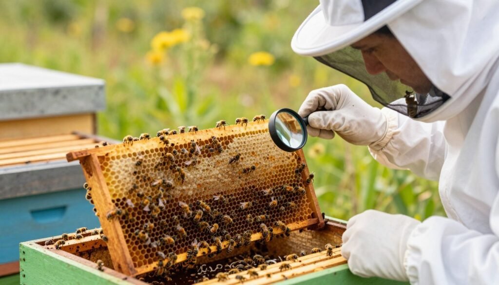 A professional beekeeper in protective gear conducts a meticulous inspection of a honey bee colony, focusing on brood frames. In the foreground, the beekeeper uses a magnifying glass to examine the bees closely, showcasing their determination and expertise. In the middle ground, a variety of honeycomb frames filled with bees, some showcasing symptoms of sacbrood virus with discolored larvae, are present. The background offers a soft-focus view of lush greenery in a sunny field, with light filtering through to create a warm, inviting atmosphere. The scene is well-lit, emphasizing the details of the bees and the hive's structure, captured with a shallow depth of field to draw attention to the subject matter.
