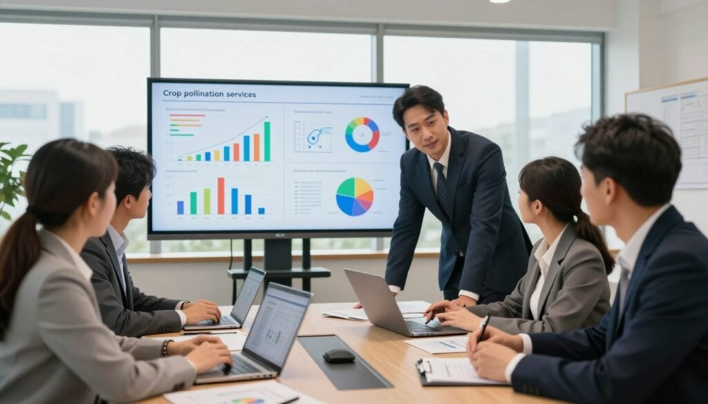 A professional business setting showcasing a collaborative meeting focused on industry survey benchmarking. In the foreground, a diverse group of four professionals in business attire is gathered around a conference table, analyzing graphs and charts on laptops and documents. The middle ground features a large digital screen displaying colorful data visualizations and comparative graphs related to crop pollination services. In the background, a bright, modern office with large windows allows natural light to illuminate the space, creating an open and inviting atmosphere. The mood is analytical and focused, highlighting teamwork and professionalism in data analysis. Use soft, warm lighting to enhance the collaborative vibe, with a slight focus on the presenters' engaged expressions.