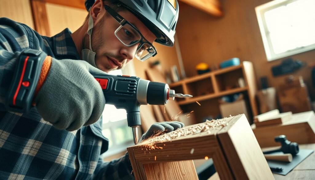 A professional carpenter, dressed in a safety helmet and goggles, is carefully drilling a tough wooden frame with a high-quality cordless drill. In the foreground, focus on the drill bit as it penetrates the material, showcasing sparks and wood shavings flying. The carpenter's expression reflects concentration and adherence to safety practices. The middle ground features a well-organized workspace with additional tools and a work table, emphasizing order and safety. In the background, a sunlit window casts warm light over the scene, creating a productive and focused atmosphere. The camera angle is slightly low, highlighting the action and safety measures in place, such as gloves and a dust mask. The image conveys a sense of professionalism, safety, and effective craftsmanship.