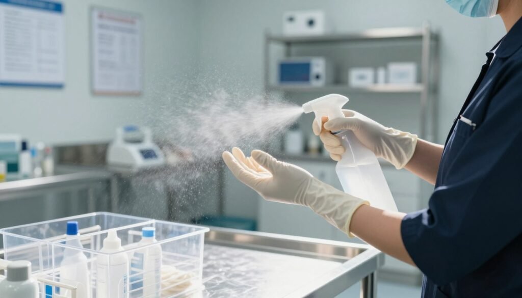 A professional cleaning technician in a sterile environment, wearing business attire, efficiently sanitizes a pair of gloves. In the foreground, the technician holds a spray sanitizer bottle, with droplets sparkling in the light as they mist the gloves. The middle ground features a stainless steel inspection table, clear and organized, displaying sanitized equipment. The background includes a well-lit, clean inspection room with medical charts and equipment on neatly arranged shelves, suggesting a high standard of hygiene. The lighting is bright and clinical, casting soft shadows that enhance the cleanliness of the space. The mood conveys urgency and efficiency, highlighting the importance of seamless inspections in a professional setting. A professional cleaning technician in a sterile environment, wearing business attire, efficiently sanitizes a pair of gloves. In the foreground, the technician holds a spray sanitizer bottle, with droplets sparkling in the light as they mist the gloves. The middle ground features a stainless steel inspection table, clear and organized, displaying sanitized equipment. The background includes a well-lit, clean inspection room with medical charts and equipment on neatly arranged shelves, suggesting a high standard of hygiene. The lighting is bright and clinical, casting soft shadows that enhance the cleanliness of the space. The mood conveys urgency and efficiency, highlighting the importance of seamless inspections in a professional setting.
