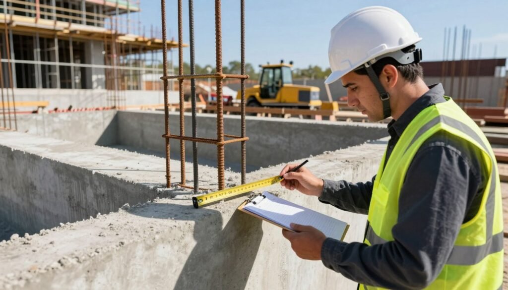 A professional inspector in a hard hat and safety vest, closely examining a recently installed concrete foundation at a construction site. In the foreground, focus on the inspector using a clipboard and measuring tools, ensuring precise measurements and checks. In the middle ground, depict the sturdy foundation itself with visible rebar and fresh concrete, emphasizing its structure and stability. The background features an unfinished building with scaffolding and construction equipment, under a clear blue sky with bright sunlight casting crisp shadows. The atmosphere is one of diligence and professionalism, reflecting a careful and thorough post-installation inspection process. Use natural lighting to highlight the textures of the concrete and the inspector's focused expression.