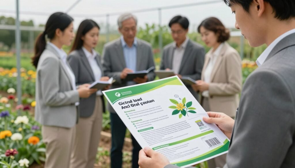 A professional-looking pesticide product label prominently displayed in the foreground, showcasing elements like clear ingredient lists, usage instructions, and safety information. The label is intricately designed, featuring appealing colors and graphics that indicate its effectiveness in pest control. In the middle ground, a diverse group of agricultural professionals in business attire is carefully examining the label, demonstrating engagement and discussion. The background includes a lush, healthy pollination yard with blooming flowers and green plants, symbolizing a healthy ecosystem. Soft, natural lighting illuminates the scene, creating a bright and optimistic atmosphere. The camera angle is slightly above eye-level, offering a comprehensive view of the collaborative effort in managing pest control professionally.