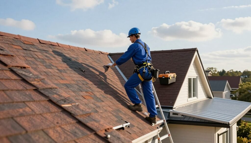 A professional maintenance worker in a blue uniform inspecting a gabled roof, using tools like a ladder and safety harness. In the foreground, focus on the detailed texture of both gabled and flat roofs, showcasing their construction materials—shingles, tar, and polycarbonate. The middle ground features the worker checking for leaks and assessing the roof's condition, with a toolbox nearby. In the background, a clear blue sky with soft white clouds enhances the bright daytime atmosphere. The image should have warm, natural lighting, captured at a slight upward angle to emphasize the roofs’ shapes and structures. The overall mood is diligent and focused on maintenance, reflecting the importance of roof upkeep for different styles.