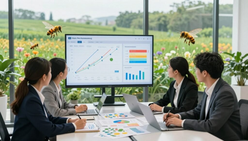 A professional, modern office setting with a large glass window revealing a vibrant green landscape outside. In the foreground, a diverse group of four professionals, dressed in business attire, are gathered around a sleek table strewn with colorful charts and graphs depicting pollination routes and financial data. The middle layer shows a digital display board highlighting budgetary figures and key performance indicators related to pollination efficiency. In the background, lush fields dotted with flowering plants and bees at work symbolize pollination. The lighting is bright and natural, suggesting a hopeful atmosphere, with soft shadows creating a sense of depth. The overall mood is focused and collaborative, emphasizing strategic planning in financial considerations. A professional, modern office setting with a large glass window revealing a vibrant green landscape outside. In the foreground, a diverse group of four professionals, dressed in business attire, are gathered around a sleek table strewn with colorful charts and graphs depicting pollination routes and financial data. The middle layer shows a digital display board highlighting budgetary figures and key performance indicators related to pollination efficiency. In the background, lush fields dotted with flowering plants and bees at work symbolize pollination. The lighting is bright and natural, suggesting a hopeful atmosphere, with soft shadows creating a sense of depth. The overall mood is focused and collaborative, emphasizing strategic planning in financial considerations.