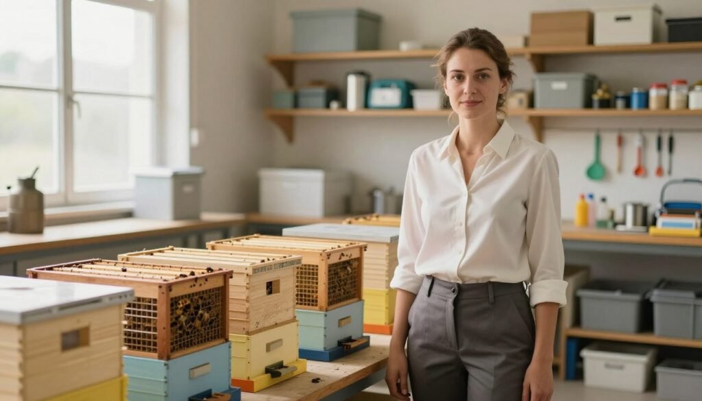 A professional multi-functional queen stands confidently in a clean, well-organized workshop designed for maintaining bee equipment. In the foreground, she wears a smart, business-casual outfit, complete with a tailored blouse and practical trousers, symbolizing her role in beekeeping. In the middle ground, durable queen cages made of high-quality materials are neatly arranged, showcasing their design and functionality. The background features shelves stocked with various sanitation tools and equipment, illuminated by soft, natural light coming through a large window, creating a warm and inviting atmosphere. The focus is sharp on the queen, emphasizing her authority and expertise, while a slight blur in the background enhances the professional ambiance. The overall mood conveys diligence and preparedness for long-term beekeeping success.
