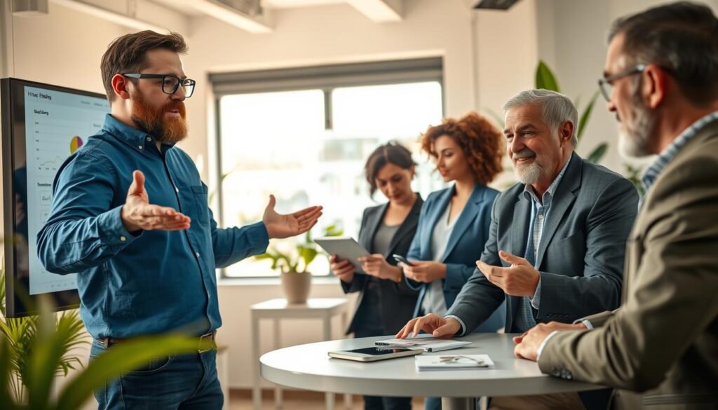 A professional office environment depicting a team of diverse individuals collaborating on hive management software. In the foreground, a bearded man in a blue button-down shirt and glasses is gesturing toward a large screen displaying charts and data related to beekeeping. In the middle ground, a woman with short curly hair in a stylish blazer is taking notes on a tablet, while another person, a middle-aged man with salt-and-pepper hair in a smart casual outfit, is discussing team roles and permissions at a round table. The background showcases a modern office space with green plants and a window letting in warm, natural light, creating a productive and collaborative atmosphere. Use a slight depth of field to emphasize the focal group while slightly blurring the background for a professional aesthetic.