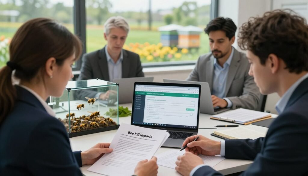 A professional office setting focused on environmental protection, featuring a diverse group of individuals in business attire discussing a serious matter. In the foreground, two people, a middle-aged woman and a younger man, are examining a stack of documents titled "Bee Kill Reports," stressing the importance of reporting bee colonies incidents. In the middle, an open laptop displays an online reporting form related to bee health and pesticides, surrounded by a few buzzing bees in a glass enclosure. In the background, a window shows a verdant landscape with flowers and beehives under soft, natural daylight streaming in. The mood is focused and purposeful, emphasizing collaboration and responsibility in environmental stewardship.