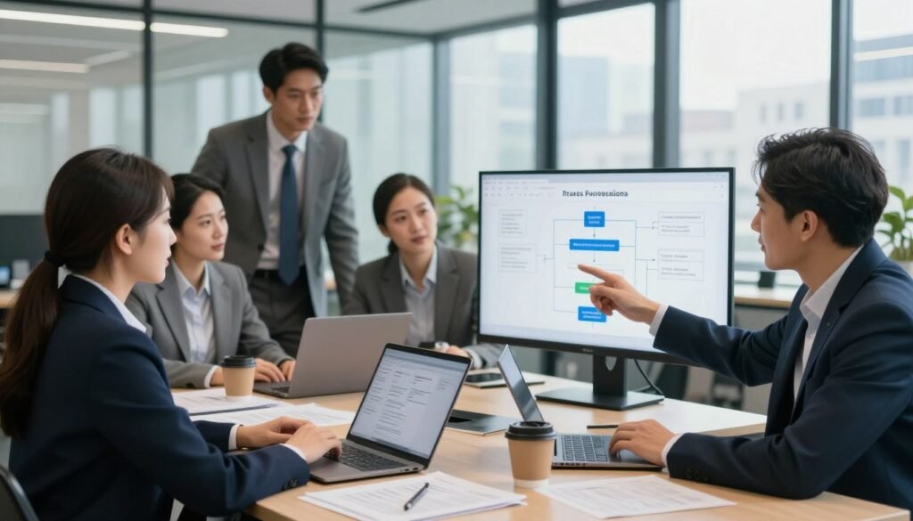 A professional office setting, showcasing a diverse group of individuals in business attire engaged in a collaborative discussion about access permissions. In the foreground, a thoughtful manager gestures towards a digital screen displaying diagrams of team roles and access controls. In the middle, a table cluttered with laptops, documents, and coffee mugs, symbolizing a busy work environment. The background features a glass wall with a city view, allowing natural light to flood the space, creating a bright and inviting atmosphere. The scene conveys a sense of teamwork, efficiency, and professionalism, emphasizing the importance of managing roles and permissions in a tech-savvy workplace, with soft-focus effects on the background for depth. A professional office setting, showcasing a diverse group of individuals in business attire engaged in a collaborative discussion about access permissions. In the foreground, a thoughtful manager gestures towards a digital screen displaying diagrams of team roles and access controls. In the middle, a table cluttered with laptops, documents, and coffee mugs, symbolizing a busy work environment. The background features a glass wall with a city view, allowing natural light to flood the space, creating a bright and inviting atmosphere. The scene conveys a sense of teamwork, efficiency, and professionalism, emphasizing the importance of managing roles and permissions in a tech-savvy workplace, with soft-focus effects on the background for depth.