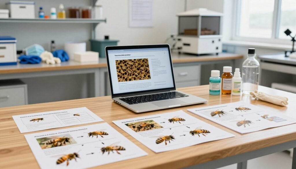A professional, organized workspace dedicated to beekeeping treatment strategies, focusing on sequencing procedures for maximum safety. In the foreground, a wooden table displays detailed charts and diagrams outlining treatment sequences with images of bees and treatment products. In the middle, an open laptop shows a presentation on Varroa mite treatment protocols, with clear visuals of bee colonies. In the background, a well-lit laboratory setting with shelves of beekeeping equipment and safety gear, like gloves and masks. The lighting is bright and focused to evoke a sense of clarity and professionalism. The atmosphere is calm and educational, illustrating a methodical approach to ensuring safe treatment practices.