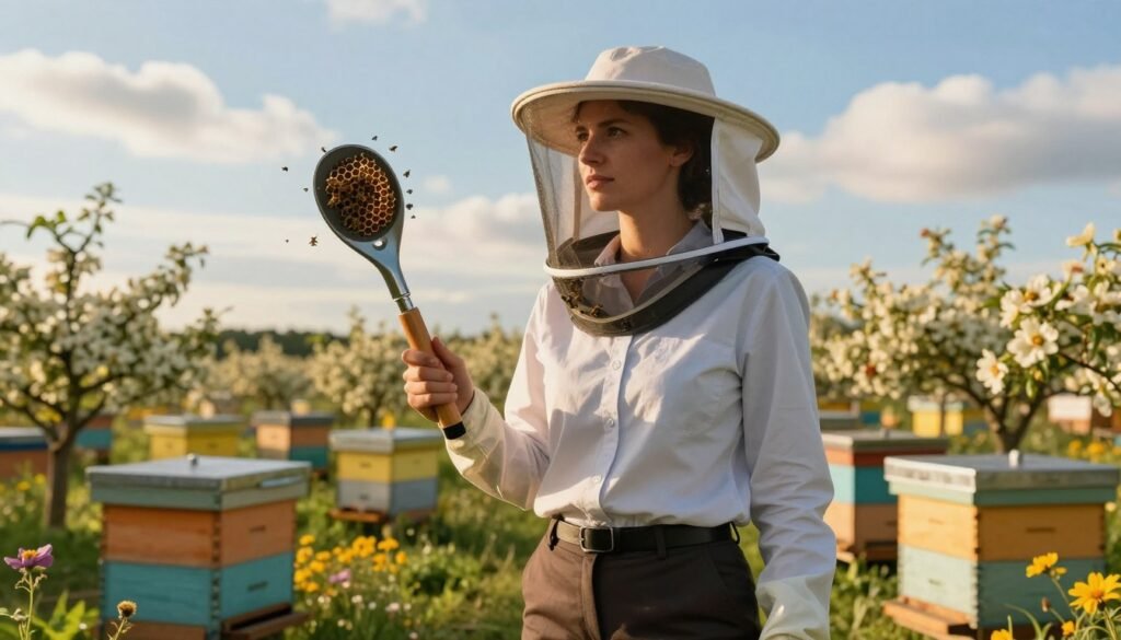 A professional queen catcher stands confidently in a sunlit apiary, wearing a smart, modest business shirt and protective gear. In the foreground, she gracefully holds a queen catcher tool, its design sleek and functional, symbolizing precision. The middle ground features vibrant beehives surrounded by blooming flowers, illustrating a bustling environment of honeybees. The background showcases a clear blue sky dotted with soft clouds, enhancing a serene atmosphere. The lighting is warm and inviting, creating a golden hour glow that highlights her focused expression and the intricate details of her tools. The angle is slightly low to capture her professional stance, projecting authority and expertise, capturing the essence of skillful beekeeping.