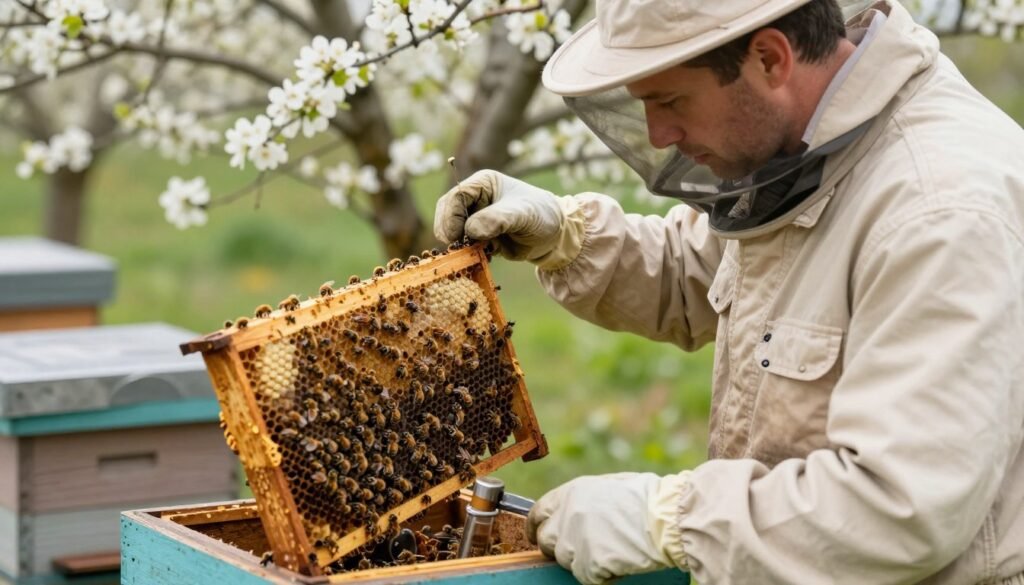 A professional setting depicting a concerned beekeeper examining a weak bee colony. In the foreground, show the beekeeper in modest, professional attire, carefully inspecting a beehive with a look of focus. In the middle ground, display the hive itself, with bees visibly struggling, surrounded by tools for inspection like a smoker and hive tool. The background features blossoming flowers and greenery, signifying a healthy environment, yet hinting at the colony's distress. The lighting should be natural, soft, highlighting the beekeeper's expressions, while creating a calm and serious mood that emphasizes the importance of seeking professional help. The angle should be slightly above eye level, giving a clear view of both the beekeeper and the struggling hive.