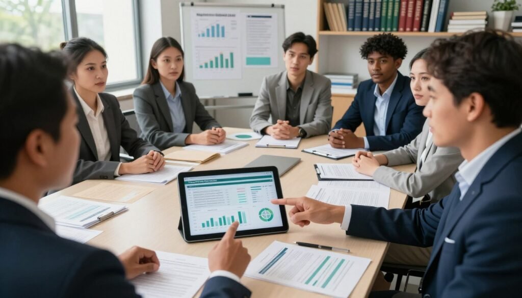 A professional setting depicting a group of diverse businesspeople engaged in a discussion about regulatory standards in agriculture. In the foreground, one person is pointing at a large, digital tablet displaying data and graphs related to compliance. The middle section shows a large conference table with paperwork and regulatory documents scattered around, emphasizing the complexity of the legal landscape. The background features a whiteboard filled with charts and notes, along with shelves housing industry books. The room is well-lit with natural daylight streaming through large windows, creating a focused yet collaborative atmosphere. Utilize a slightly elevated angle to capture the teamwork and engagement, showcasing expressions of concentration and determination.