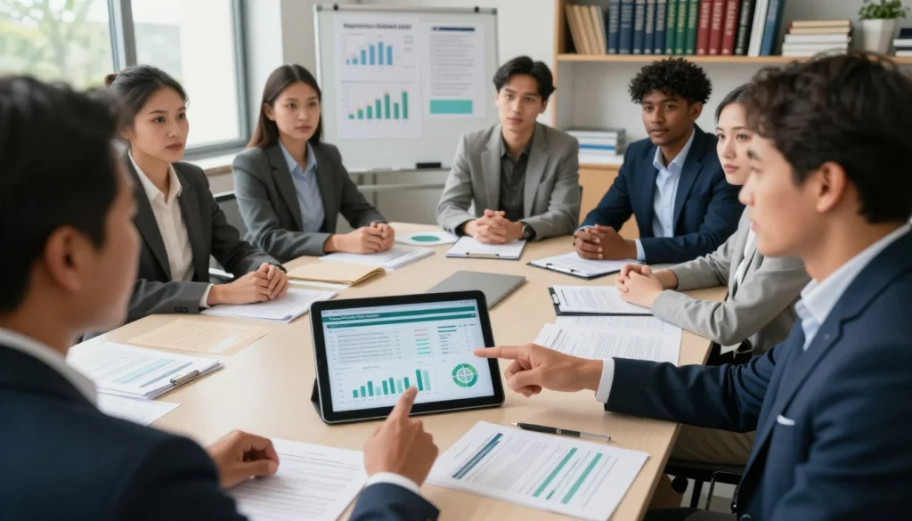 A group of diverse businesspeople engaged in a discussion about regulatory standards