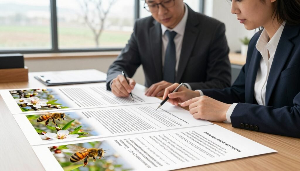 A professional setting displaying a beautifully arranged table with detailed pollination contracts spread out, showcasing diagrams of almond orchards and hive strength metrics. In the foreground, a pair of well-dressed individuals, one in a suit and the other in a smart casual outfit, are discussing these documents with focused expressions. The middle ground features a close-up of a contract with striking visuals of bees and almond flowers integrated into the design. In the background, large windows let in soft, natural light, illuminating the space and creating a warm and collaborative atmosphere. The composition conveys a sense of professionalism and the importance of careful planning in pollination agreements.