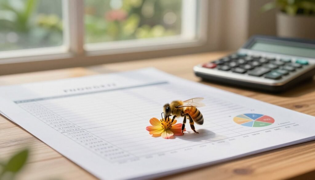 A professional setting featuring a honey bee surrounded by paper documents and a calculator on a sleek wooden desk. In the foreground, the honey bee gently lands on a colorful flower, symbolizing pollination and growth. In the middle, an organized spread of payment schedules and charts is visible, with a subtle hint of natural sunlight filtering through a nearby window, creating a warm, inviting atmosphere. In the background, out of focus, a lush garden can be seen, representing the agricultural aspect of pollination services. The lighting is soft and warm, enhancing the focus on the documents while suggesting a feeling of productivity and efficiency. The scene conveys a sense of harmony between nature and business, emphasizing the importance of managing payment schedules.