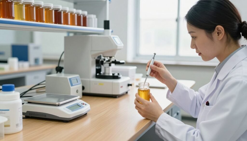 A professional setting for moisture content testing of honey, featuring a well-equipped laboratory. In the foreground, a scientist in a lab coat examines a sample of honey in a clear glass vial, using precise tools like a digital moisture meter. In the middle, a sleek wooden table displays various measuring instruments, including scales and devices for analyzing viscosity, all reflecting a clean and organized space. The background showcases modern lab equipment, with shelves lined with jars of honey samples and a bright window allowing natural light to illuminate the scene, creating a warm and inviting atmosphere. The image captures a sense of professionalism and dedication to scientific accuracy.