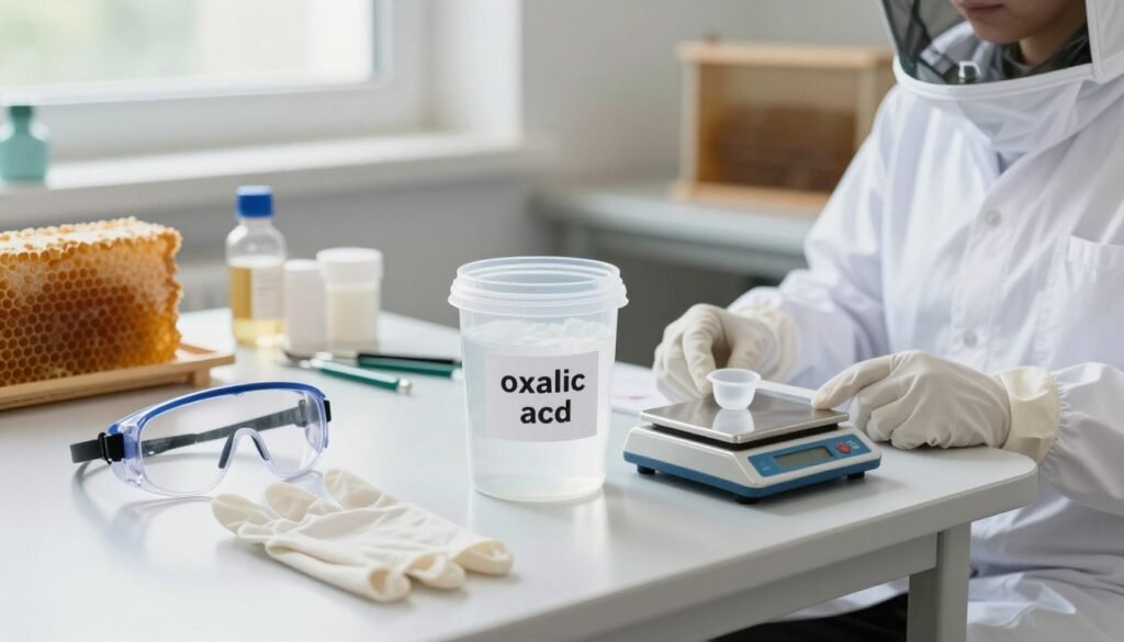 A professional setting showcasing safety protocols for handling oxalic acid in beekeeping. In the foreground, neatly arranged safety equipment including gloves, goggles, and a lab coat. In the middle, a clear, labeled container of oxalic acid with a measuring spoon beside it, and a digital scale for precise measurements. The background features a clean, organized workstation with beekeeping tools and honeycombs, softly illuminated by bright, natural light coming from a nearby window. The overall atmosphere conveys a sense of safety and professionalism, emphasizing careful handling and precise measurement of potentially hazardous substances. The scene captures the seriousness of the task while remaining approachable, suitable for educational purposes. A professional setting showcasing safety protocols for handling oxalic acid in beekeeping. In the foreground, neatly arranged safety equipment including gloves, goggles, and a lab coat. In the middle, a clear, labeled container of oxalic acid with a measuring spoon beside it, and a digital scale for precise measurements. The background features a clean, organized workstation with beekeeping tools and honeycombs, softly illuminated by bright, natural light coming from a nearby window. The overall atmosphere conveys a sense of safety and professionalism, emphasizing careful handling and precise measurement of potentially hazardous substances. The scene captures the seriousness of the task while remaining approachable, suitable for educational purposes.