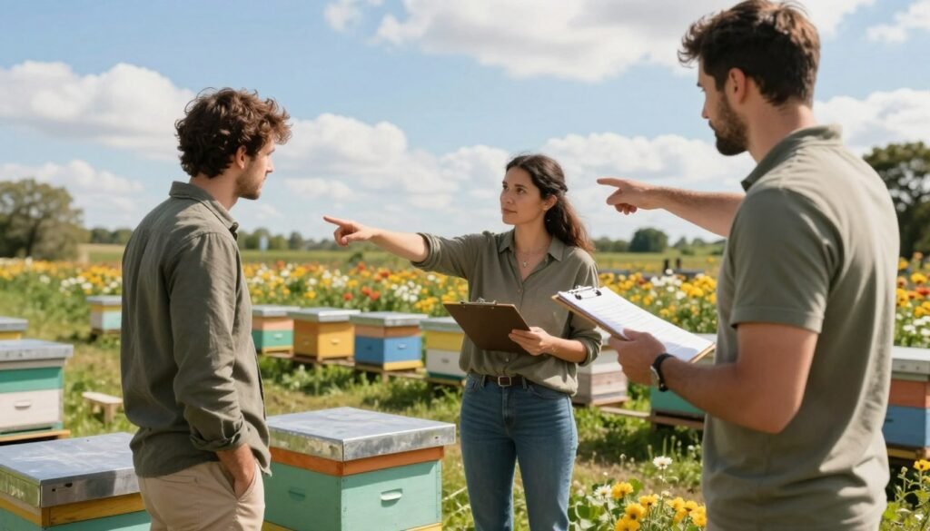 A professional setting showcasing training staff managing visitor access to an apiary. In the foreground, two staff members in modest casual clothing, one demonstrating visitor safety protocols using a clipboard, while the other welcomes visitors, pointing towards bee hives. In the middle ground, a well-maintained apiary is visible with colorful beehives and blooming flowers, demonstrating a welcoming yet controlled environment. The background features a clear blue sky with a few fluffy clouds, emphasizing a bright and cheerful atmosphere. Soft, natural lighting casts gentle shadows, creating a warm, inviting mood. The camera angle is slightly elevated, capturing the interaction and enhancing the sense of engagement with the bee habitat.