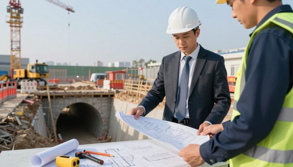 A professional site inspector dressed in smart business attire, standing confidently on a construction site, examining blueprints and discussing plans with a colleague. The foreground focuses on the inspector, with the blueprints open and some tools scattered on a table. In the middle ground, a freshly excavated entrance tunnel leads into a potential renovation site, with safety barriers and construction equipment in view. The background showcases a clear blue sky, emphasizing an optimistic and proactive atmosphere. Soft morning light casts gentle shadows, enhancing details of the tunnel entrance and site infrastructure. The image captures a sense of diligence and professionalism in construction safety, reflecting the importance of regular inspections.