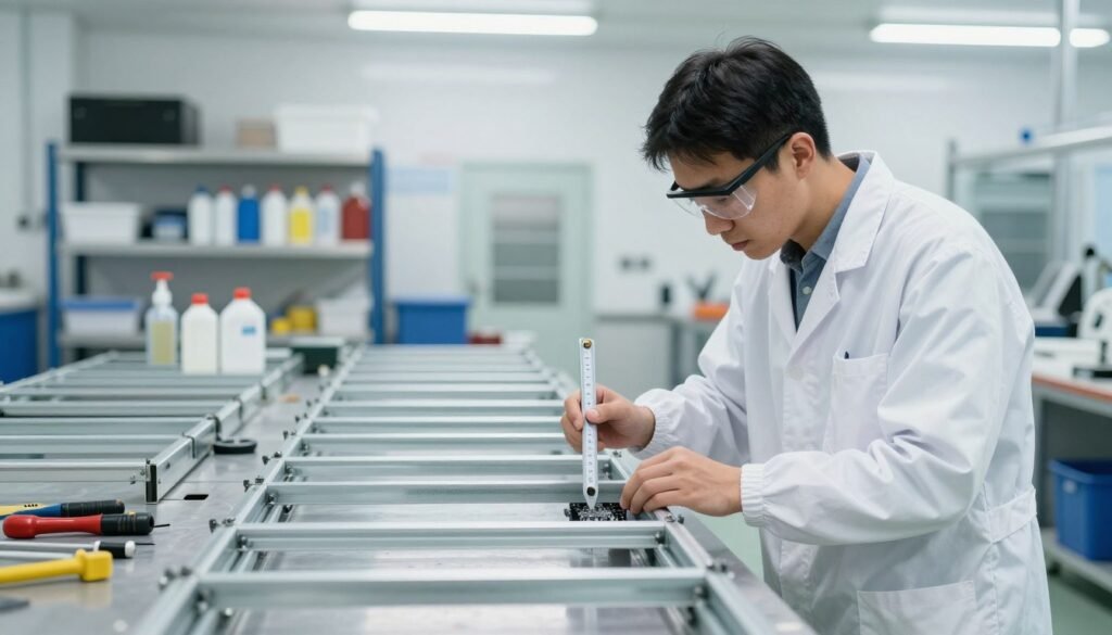A professional technician in a clean, well-lit industrial setting, carefully inspecting and managing low spots on a series of metal frames used in capping scratchers. The technician, dressed in a white lab coat and safety goggles, holds measuring tools in one hand while examining the frames for irregularities. The foreground displays the technician and a workbench cluttered with tools, while the middle ground features several frames arranged methodically. In the background, there are shelves stocked with cleaning supplies and equipment, under bright fluorescent lighting that highlights the meticulous nature of the work. The atmosphere is focused and industrious, emphasizing hygiene and precision in the sanitation process.