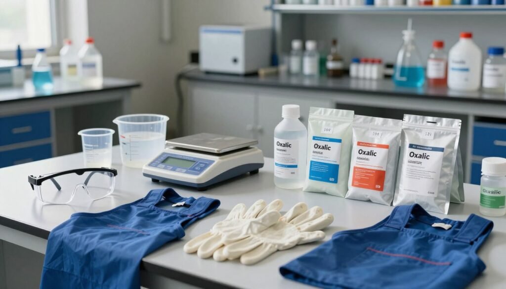 A professional workshop setting focused on the equipment requirements for using oxalic acid, showcasing various tools and materials arranged neatly on a table. In the foreground, detailed images of safety equipment like goggles, gloves, and aprons, emphasizing safety precautions. The middle ground features a high-quality digital scale, measuring containers, and an assortment of oxalic acid packages displayed alongside their price tags. In the background, a well-lit laboratory environment with shelves holding related chemicals and equipment. Soft, natural lighting casts gentle shadows, creating a focused yet inviting atmosphere. The overall mood conveys professionalism and meticulous attention to detail in preparing for oxalic acid handling.
