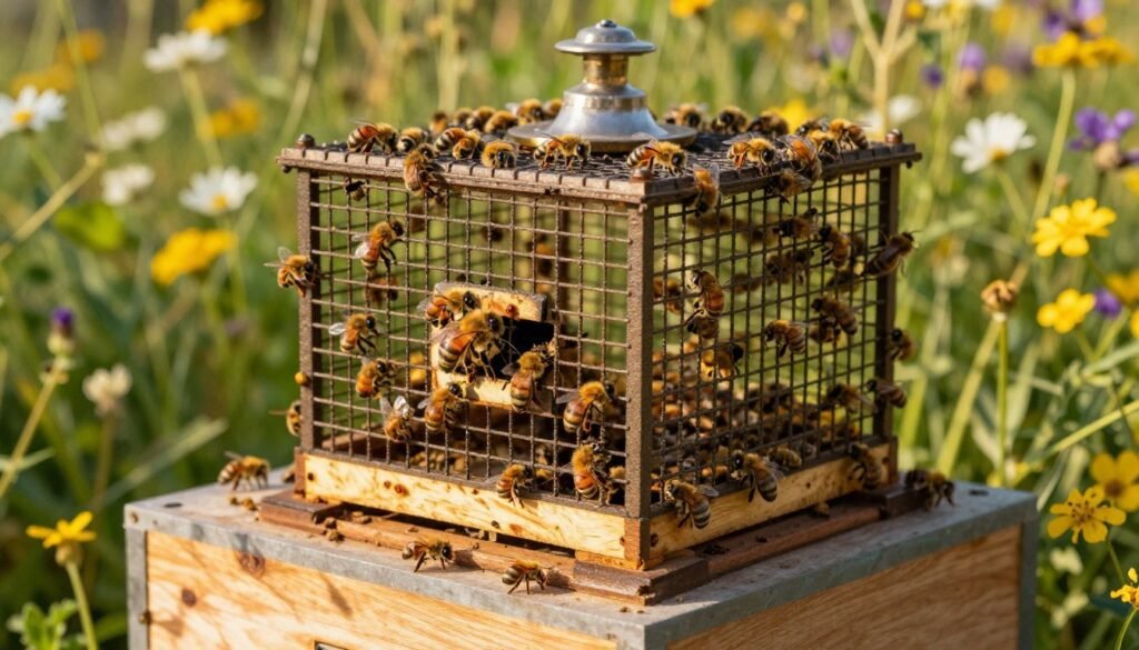 A queen bee enclosure, or queen cage, sits elegantly on a wooden hive, surrounded by softly buzzing honeybees. In the foreground, the intricate details of the cage are highlighted—a fine mesh covering with a small opening, showing a regal queen bee inside, her vibrant colors standing out. The middle ground features a natural setting with blooming wildflowers and lush greenery, creating a vibrant backdrop that epitomizes optimal weather conditions. The scene is bathed in golden sunlight, casting gentle shadows and creating a warm, inviting mood. The image should be captured from a low angle, focusing closely on the queen cage to draw the viewer’s attention, with a shallow depth of field blurring the bees and flowers behind, conveying a sense of tranquility and harmony in nature.
