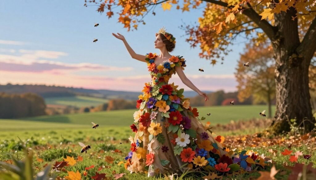 A regal, ethereal figure representing the "Seasonal Timing Queen," adorned in a flowing gown made of vibrant flowers and leaves that change colors with the seasons. Foreground: the queen stands confidently with graceful posture, surrounded by bees in gentle flight, symbolizing harmony with her environment. Middle ground: lush green fields transition into a tapestry of autumn leaves, indicating seasonal change, while a soft glow suggests late afternoon sunlight filtering through the trees. Background: distant hills and a clear blue sky, with hints of pink and orange as the sun sets. The atmosphere feels serene and magical, inviting an appreciation for the natural rhythm of life. Use a warm color palette with soft focus to enhance the dreamlike quality.