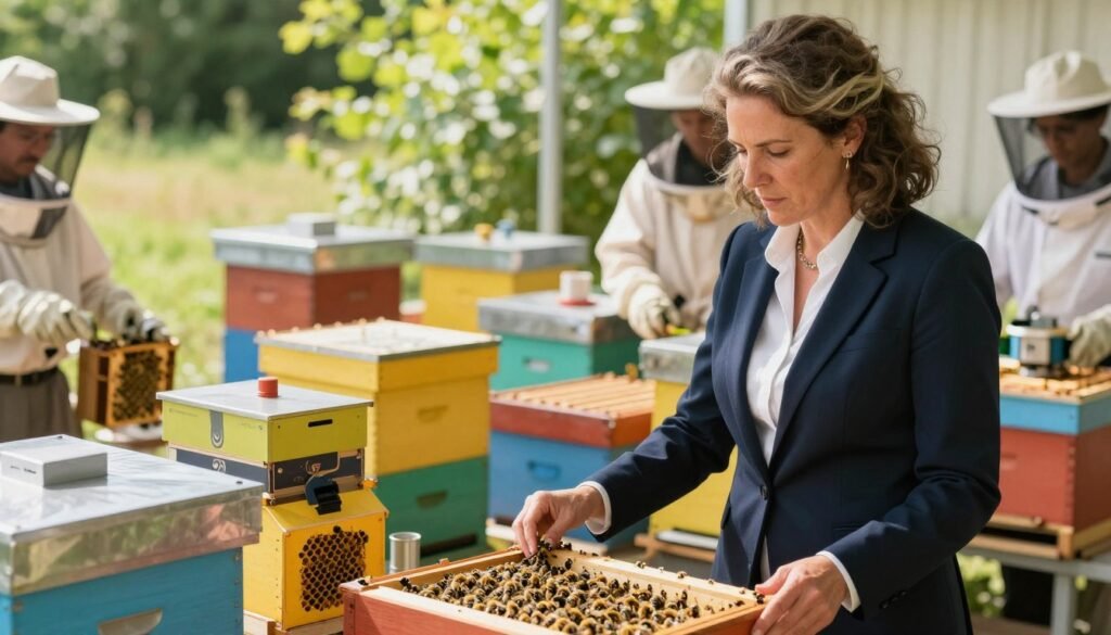 A regal figure depicted as the "queen" of package installation, confidently supervising a bustling, organized workspace filled with technical tools and beekeeping equipment. In the foreground, she stands proudly, wearing a smart, professional outfit, focused and knowledgeable. The middle ground showcases a vibrant array of colorful bee packages, neatly organized, with some open to reveal live bees buzzing inside. In the background, a sunny outdoor setting with lush greenery and a beehive adds depth, creating a warm and inviting atmosphere. The lighting is bright and natural, conveying a sense of optimism and diligence. The angle captures her perspective as she manages the installation process, emphasizing leadership and expertise, fostering a mood of empowerment and proactive management.