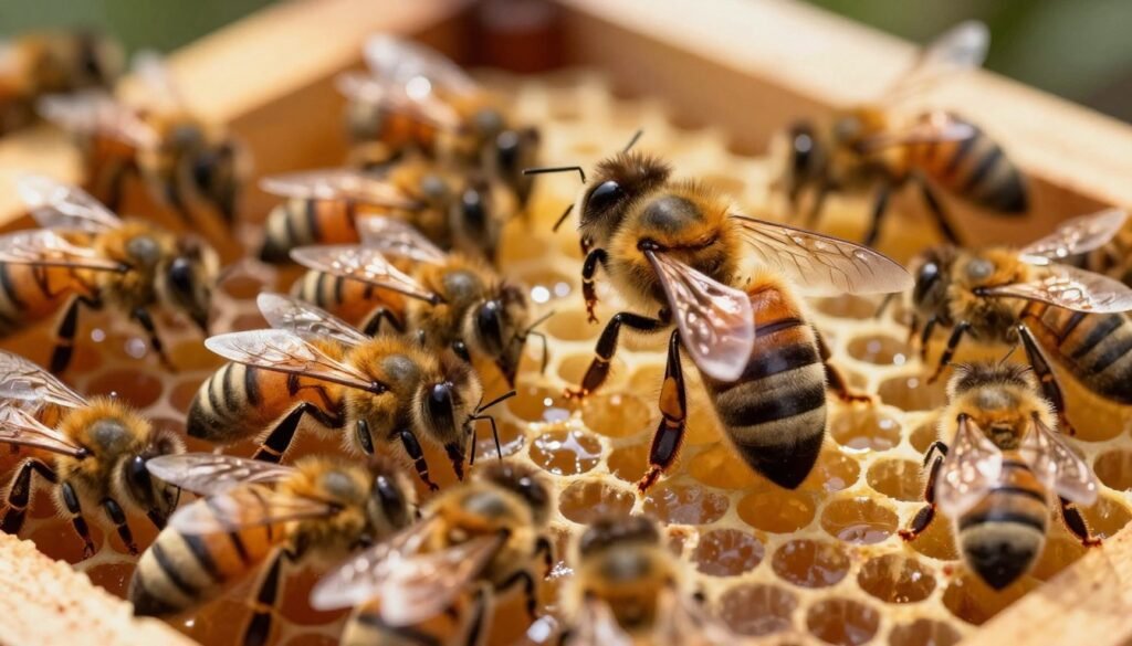 A regal new queen bee seated prominently on her honeycomb throne, surrounded by vibrant, healthy worker bees in a beehive. In the foreground, the queen exudes grace with her elongated abdomen and shiny, dark exoskeleton, highlighted by soft, diffused lighting that casts gentle shadows. The middle layer features the worker bees attentively tending to the queen, showcasing the intricate details of their wings and bodies. The background reveals the hive's structure, with golden honey cells glistening in the warm, natural light filtering through an opening, suggesting a sense of cooperation and care. The atmosphere feels peaceful yet vibrant, evoking a sense of importance and productivity in the bee colony. Capture the scene from a slightly angled overhead view to emphasize the hierarchy and dynamics within the hive. A regal new queen bee seated prominently on her honeycomb throne, surrounded by vibrant, healthy worker bees in a beehive. In the foreground, the queen exudes grace with her elongated abdomen and shiny, dark exoskeleton, highlighted by soft, diffused lighting that casts gentle shadows. The middle layer features the worker bees attentively tending to the queen, showcasing the intricate details of their wings and bodies. The background reveals the hive's structure, with golden honey cells glistening in the warm, natural light filtering through an opening, suggesting a sense of cooperation and care. The atmosphere feels peaceful yet vibrant, evoking a sense of importance and productivity in the bee colony. Capture the scene from a slightly angled overhead view to emphasize the hierarchy and dynamics within the hive.