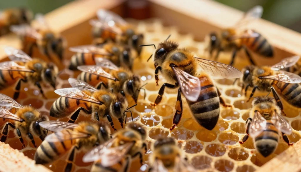 A regal new queen bee seated prominently on her honeycomb throne, surrounded by vibrant, healthy worker bees in a beehive