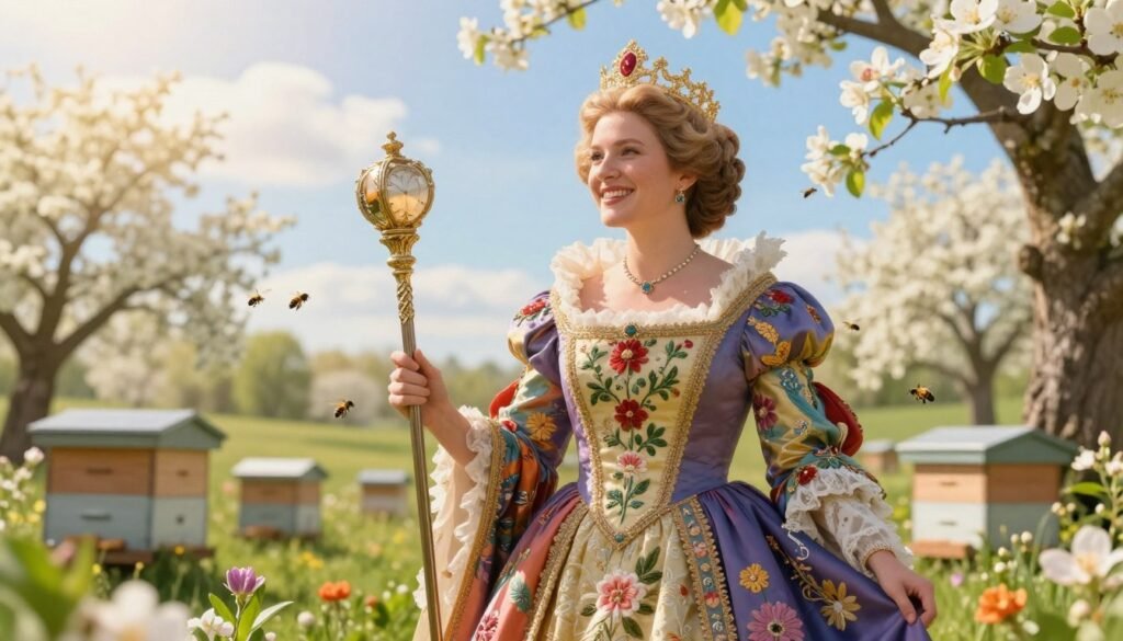 A regal queen adorned in a vibrant, intricately embroidered gown with floral patterns, surrounded by lush greenery and delicate flowers symbolizing spring. In the foreground, the queen stands confidently, holding a beautifully crafted scepter, her warm smile reflecting a sense of nurturing and wisdom. The middle ground features a clear blue sky with soft, glowing sunlight filtering through gentle clouds, illuminating the scene with a golden hue. In the background, blossoming trees and hives burst with activity, bees flitting about, representing the essence of nature and growth. The atmosphere is peaceful yet vibrant, conveying the importance of timing and care in nurturing life. The overall mood is uplifting and inspiring, evoking a sense of renewal and opportunity.