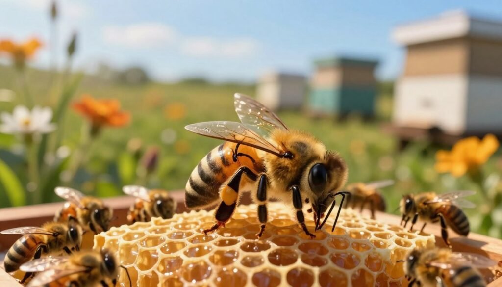 A regal queen bee in the foreground, adorned with delicate golden stripes, is gracefully perched on a honeycomb, surrounded by gentle worker bees. The middle ground features lush green foliage and colorful flowers, creating a vibrant and nurturing habitat. In the background, a soft-focus apiary under a clear blue sky emphasizes the theme of beekeeping. The lighting is warm, mimicking the golden hour, casting subtle shadows that help define the queen bee’s majestic form. The composition captures a serene and harmonious atmosphere, illustrating the importance of bee introductions in a beekeeping context. The angle is slightly low, enhancing the queen's stature, while maintaining a professional and approachable aesthetic suitable for an educational article.