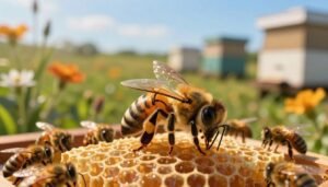 A regal queen bee in the foreground, adorned with delicate golden stripes, is gracefully perched on a honeycomb, surrounded