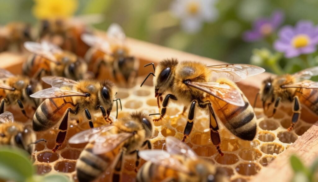 A regal queen bee in the foreground, showcasing her elongated, smooth body adorned with a shiny, golden exoskeleton. Surround her with a cluster of attentive worker bees, depicting their smaller size and more rugged appearance, illustrating the biological differences. In the middle ground, include a honeycomb structure, highlighting the environment where these bees thrive. The background features a soft-focus garden with vibrant flowers and lush greenery, enhancing the natural setting. Use soft, warm lighting to create a serene and harmonious atmosphere, with sunlight filtering through the leaves, casting gentle shadows. Capture the scene from a slightly elevated angle to emphasize the queen's prominence in her colony. The overall mood should feel calm and industrious, reflecting the intricate dynamics of bee society.