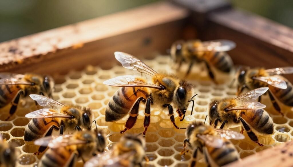 A regal queen bee sits majestically at the center of a softly illuminated hive, her body adorned with a rich golden hue and delicate, intricate patterns. The foreground captures her in exquisite detail, surrounded by worker bees diligently attending to her, their wings shimmering in the warm sunlight that filters through the hive. In the middle ground, the honeycomb structure reveals hexagonal cells filled with freshly laid eggs, emphasizing the theme of fertility and new beginnings. The background features the dark, textured wood of the hive, adding depth and warmth to the scene. Light streams in from a top angle, creating soft shadows that enhance the tranquil atmosphere. The overall mood is serene and nurturing, reflecting the lifecycle of bees and their vital role in nature.