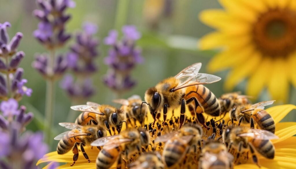 A regal queen bee surrounded by buzzing honeybees in a lush, vibrant garden filled with colorful flowers. In the foreground, the queen bee is prominently displayed, her distinct elongated body gleaming in the sunlight. The bees around her exhibit various sizes and roles, showcasing a healthy hive dynamic. In the middle ground, a cluster of blooming lavender and sunflowers creates a serene setting, embodying the harmony of nature. The background features soft, blurred greenery, symbolizing the safety of the hive. The scene is illuminated by warm, golden light, creating a calm, optimistic mood. The perspective is a close-up shot that captures the details of the queen bee and the activity of her colony, emphasizing the importance of her presence and role.