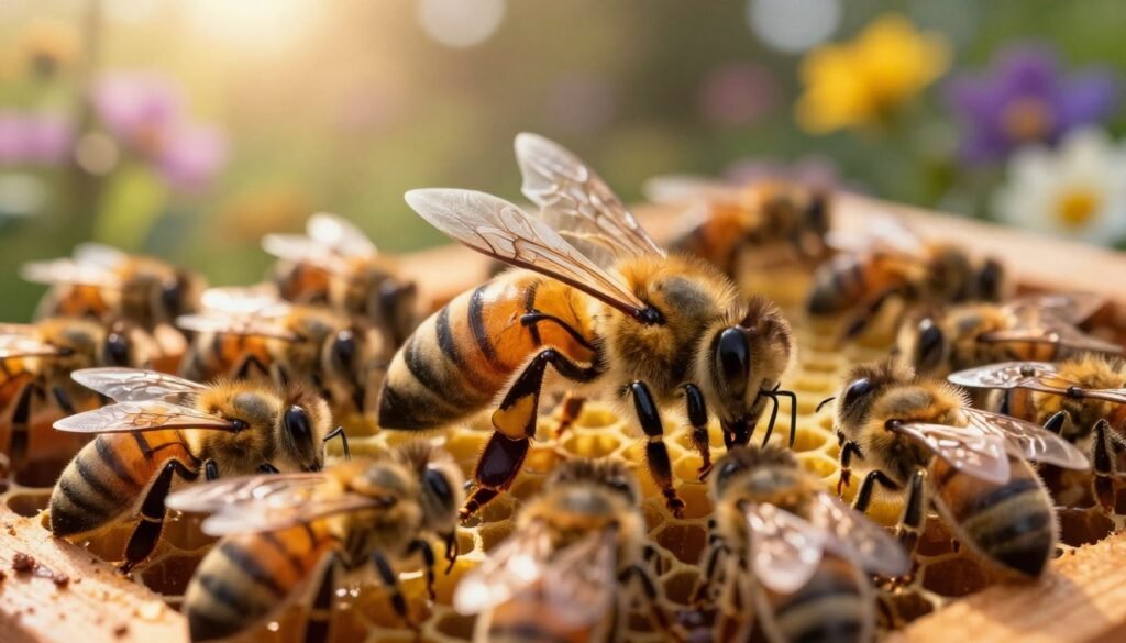 A regal queen honey bee, with a large and distinctive elongated body adorned with shiny, dark amber stripes, is depicted in the foreground, surrounded by her loyal worker bees. The worker bees are busy attending to the queen, displaying their intricate wing patterns and delicate textures. In the middle ground, a vibrant hive structure with hexagonal cells filled with brood showcases the productivity and health of the colony. The background features a softly blurred garden scene with flowers blooming, capturing the essence of a thriving ecosystem. The lighting is warm and golden, reminiscent of a late afternoon sun, enhancing the sense of stability and health, while a shallow depth of field adds focus to the queen and her brood, eliciting a mood of nurturing and vitality.