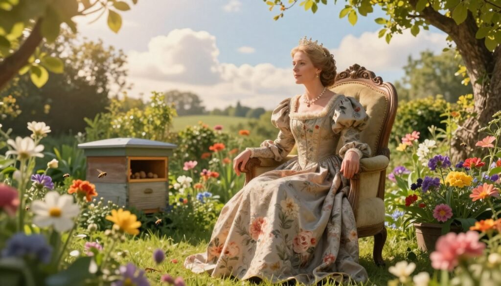 A regal queen seated on an ornate throne, set in a well-lit, lush garden that symbolizes abundance and nature. The queen is dressed in an elegant, modest gown featuring intricate floral patterns that echo the surroundings, her expression serene yet wise. In the foreground, vibrant flowers bloom, with bees gently hovering around, symbolizing nature's lifecycle. The middle ground showcases a range of plants and an open beehive, hinting at the theme of nurturing and growth. The background features a gentle, sunlit sky with soft clouds, casting a warm golden light. The atmosphere is tranquil and inviting, capturing the essence of harmony in nature without any human distractions or text overlays. Use a soft focus to accentuate the warmth of the sunlight filtering through the leaves.