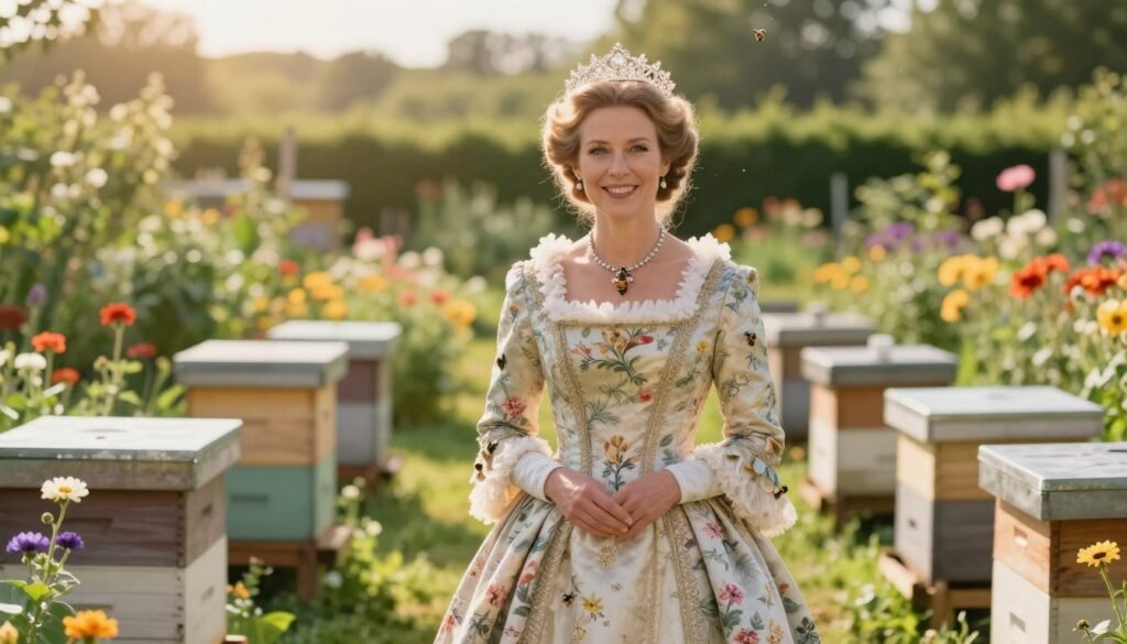 A regal queen stands confidently in the foreground, dressed in a sumptuous, intricately designed gown adorned with delicate floral patterns, symbolizing nature and harmony. Her hair is elegantly styled, crowned with a subtle tiara that reflects soft, sparkling light. In the middle ground, a serene beekeeping garden filled with vibrant flowers and active beehives extends outward, showcasing the connection between the monarchy and nature. The background features a gently blurred landscape of lush greenery, bathed in warm, golden sunlight, creating a peaceful atmosphere. The composition should have a slight depth of field effect, emphasizing the queen while softly softening the garden. The mood is uplifting and inspiring, capturing the essence of nurturing and collaboration between the queen and her environment. Shot at eye level with a standard lens to evoke intimacy and engagement.