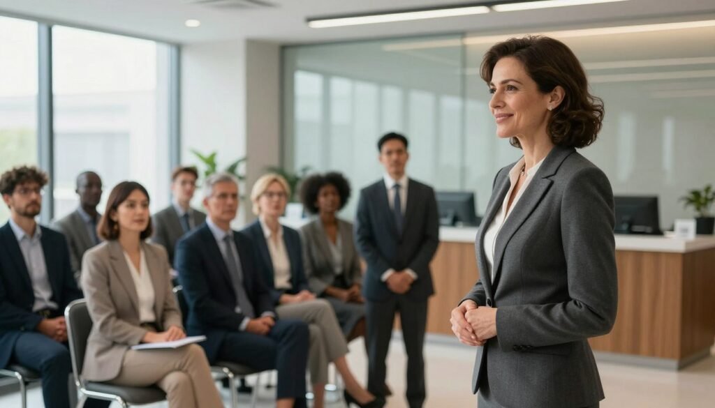 A regal scene depicting a queen introducing herself to a diverse audience in a modern banking environment. In the foreground, a poised woman in a sophisticated business suit, symbolizing the queen, stands confidently, her expression warm and welcoming. In the middle ground, a group of elegantly dressed professionals, representing different ethnicities, attentively listen, showcasing their engagement and interest. The background features a sleek, contemporary bank office with large windows that allow natural light to stream in, creating a bright and inviting atmosphere. The lighting is soft yet professional, highlighting the royal figure against a backdrop of subtle, muted colors. A sense of professionalism and respect fills the air, enhancing the overall mood of collaboration and opportunity.