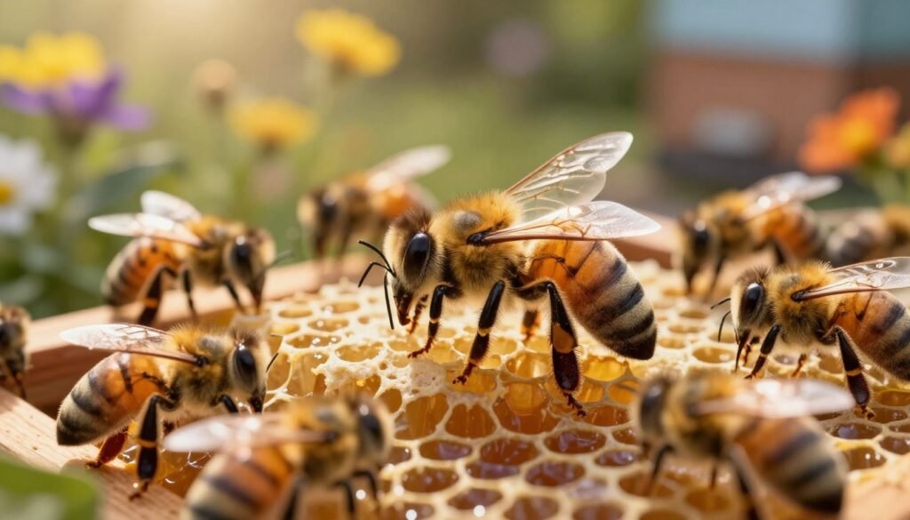 A regal virgin queen bee stands in the foreground, showcasing her elongated abdomen and distinctive markings, her wings glistening in the soft golden sunlight. Surrounding her are worker bees attentively tending to her, creating a natural and bustling hive atmosphere. In the middle ground, you can see honeycomb structures filled with cells, some capped with honey, while others are open and busy with bee activity. The background features a soft-focus garden environment with vibrant flowers in bloom, hinting at the hive's location. The lighting is warm and inviting, with sunlight filtering through the leaves, casting gentle shadows. The overall mood is serene yet focused, capturing the importance of the virgin queen in her colony's future.