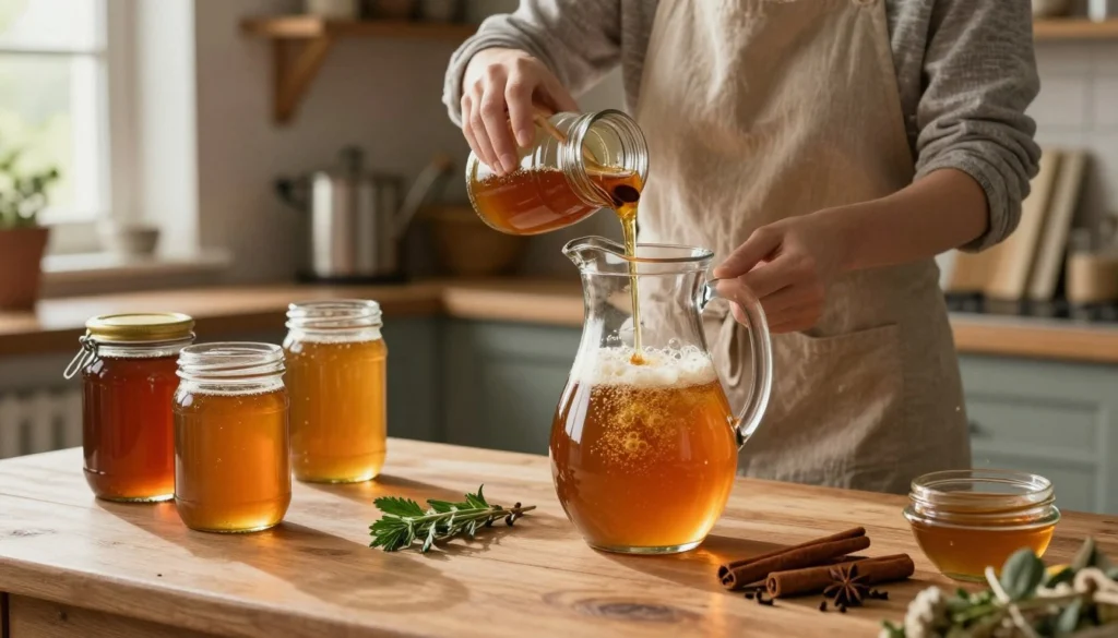 A rustic kitchen setting with warm wooden tones, illuminated by soft, natural light filtering through a nearby window. In the foreground, a wooden table displays jars of honey, some in the process of fermentation, with gentle bubbles forming at the surface. A glass pitcher filled with mead sits prominently, showcasing a honey-like amber color, surrounded by fresh herbs and spices like cinnamon and cloves. In the middle ground, a person in modest casual clothing, wearing an apron, is carefully pouring honey from a jar into the pitcher, while checking the consistency with a wooden spoon. The background features shelves lined with brewing equipment and recipe books, creating a cozy, inviting atmosphere of home brewing and culinary creativity. A rustic kitchen setting with warm wooden tones, illuminated by soft, natural light filtering through a nearby window