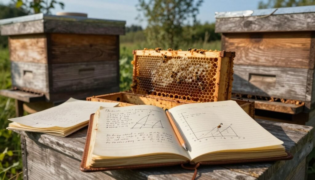 A rustic low-tech hive record keeping scene, featuring an open wooden beehive surrounded by hand-written logs and graphs on aged paper. In the foreground, a weathered leather notebook is partially open with a pencil lying beside it, capturing details of bee health. In the middle ground, visually rich honeycomb structures are highlighted under soft, warm sunlight, casting gentle shadows. A background of green foliage and a clear blue sky enhance the natural setting. The atmosphere is tranquil and nostalgic, evoking a sense of simplicity and connection to nature. Use warm lighting to create a serene mood, as if capturing an early morning in an apiary, viewed from a slightly elevated angle to showcase all elements harmoniously.
