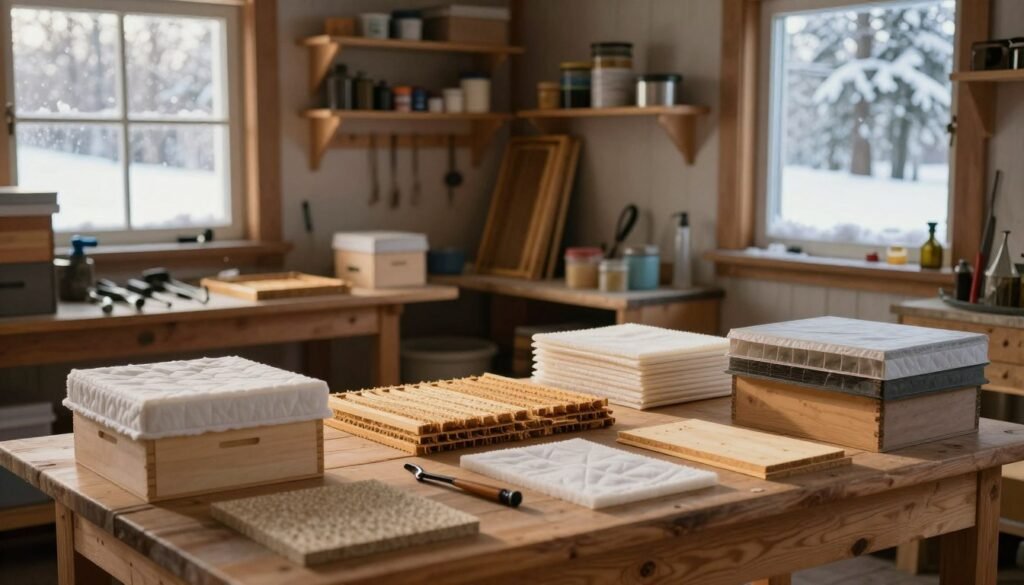 A rustic winter scene featuring a well-organized beekeeping workshop. In the foreground, a wooden table displays essential materials for building hive solutions, such as a stack of winter quilt boxes and moisture boards, carefully arranged to showcase their unique textures. The middle background reveals shelves stocked with beekeeping tools and supplies, all illuminated by warm, soft lighting that casts gentle shadows. A window with frost on the glass allows a soft, diffused light to enter, enhancing the cozy atmosphere. In the far background, snow-covered trees can be seen, providing a serene winter backdrop. The overall mood is inviting and informative, encouraging readers to explore the practical aspects of beekeeping during winter months. The perspective is slightly elevated to capture the complete workspace. A rustic winter scene featuring a well-organized beekeeping workshop. In the foreground, a wooden table displays essential materials for building hive solutions, such as a stack of winter quilt boxes and moisture boards, carefully arranged to showcase their unique textures. The middle background reveals shelves stocked with beekeeping tools and supplies, all illuminated by warm, soft lighting that casts gentle shadows. A window with frost on the glass allows a soft, diffused light to enter, enhancing the cozy atmosphere. In the far background, snow-covered trees can be seen, providing a serene winter backdrop. The overall mood is inviting and informative, encouraging readers to explore the practical aspects of beekeeping during winter months. The perspective is slightly elevated to capture the complete workspace.