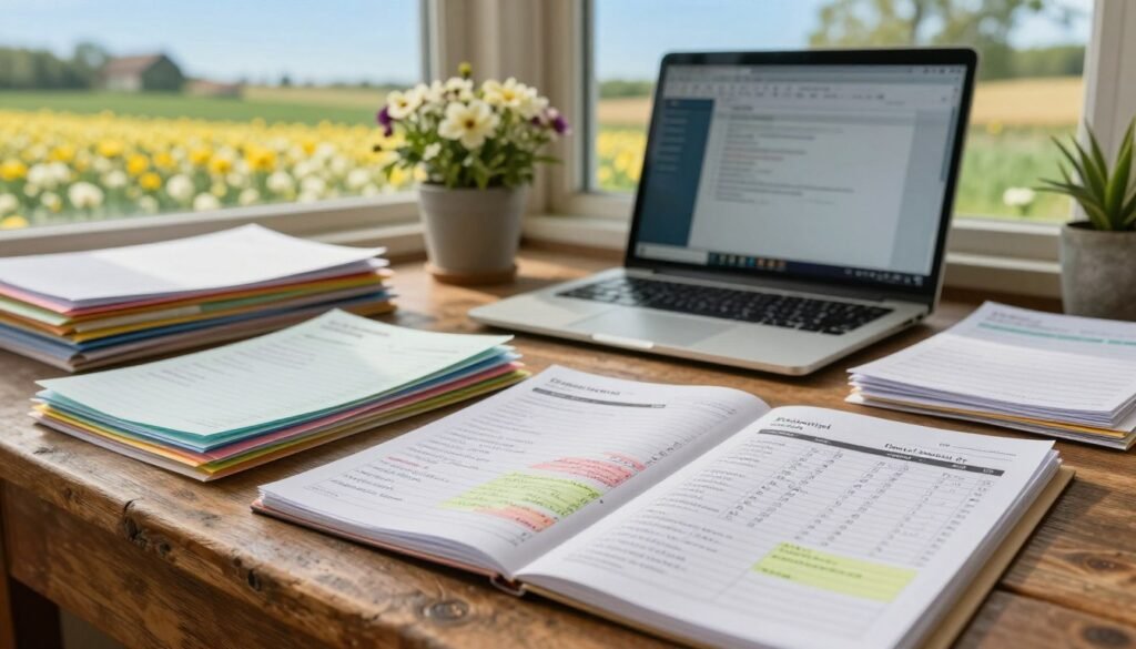 A rustic wooden desk cluttered with neatly organized farm records, featuring folders labeled for various aspects of pollination season, such as flower types and beehive locations. In the foreground, a stack of colorful, hand-written notes and printed charts display various pollination statistics and schedules. In the middle ground, a well-used laptop reflects sunlight from a nearby window, showing digital files alongside a potted flower for a touch of nature. The background includes an idyllic farm setting, visible through the window: fields of blooming flowers under a clear blue sky. Soft, natural lighting creates an inviting and productive atmosphere. Use a shallow depth of field to focus on the records, making the background slightly blurred to emphasize the organization of files.