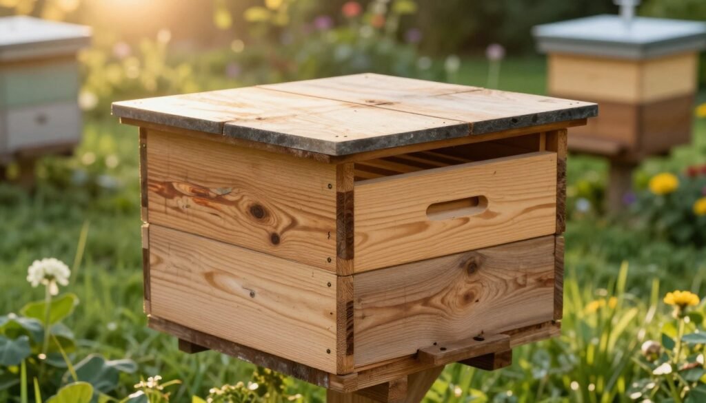 A rustic wooden nuc box sits prominently in the foreground, showcasing its natural textures with imperfections and grains that reflect craftsmanship. The box features a hinged lid, allowing a glimpse of neatly organized frames inside. In the middle ground, lush green grass surrounds the nuc, while flowering plants add color and detail. In the background, a warm sun casts soft, golden light across a serene garden scene, enhancing the inviting atmosphere. The perspective is slightly elevated, capturing the box at a 45-degree angle, while the overall mood is tranquil and educational, inviting viewers to appreciate the benefits of standard wooden nucs in beekeeping. The image is well-lit, emphasizing the beauty of the wooden material without distractions or text. A rustic wooden nuc box sits prominently in the foreground, showcasing its natural textures with imperfections and grains that reflect craftsmanship. The box features a hinged lid, allowing a glimpse of neatly organized frames inside. In the middle ground, lush green grass surrounds the nuc, while flowering plants add color and detail. In the background, a warm sun casts soft, golden light across a serene garden scene, enhancing the inviting atmosphere. The perspective is slightly elevated, capturing the box at a 45-degree angle, while the overall mood is tranquil and educational, inviting viewers to appreciate the benefits of standard wooden nucs in beekeeping. The image is well-lit, emphasizing the beauty of the wooden material without distractions or text.