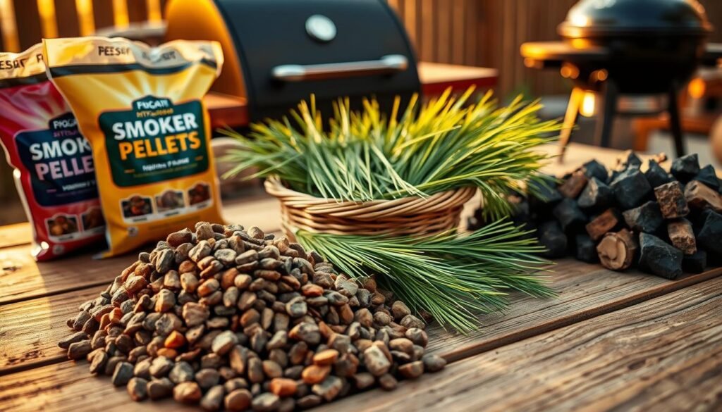 A rustic wooden table filled with an array of grilling fuels: vibrant bags of smoker pellets in various wood types, bright green pine needles in a natural basket, and a traditional charcoal briquette pile. In the foreground, a close-up view of the pellets showcases their texture and varying hues. The middle ground features a contrasting arrangement of pine needles, with some scattered artistically to highlight their freshness and earthy scent. The background includes a softly blurred backyard barbecue setting with a grill under a warm golden sunset, casting a cozy and inviting glow. Use soft lighting to evoke a warm, nostalgic atmosphere, creating a sense of anticipation for grilling season. Focus on a slight overhead angle to capture the diversity of fuel options beautifully. A rustic wooden table filled with an array of grilling fuels: vibrant bags of smoker pellets in various wood types, bright green pine needles in a natural basket, and a traditional charcoal briquette pile. In the foreground, a close-up view of the pellets showcases their texture and varying hues. The middle ground features a contrasting arrangement of pine needles, with some scattered artistically to highlight their freshness and earthy scent. The background includes a softly blurred backyard barbecue setting with a grill under a warm golden sunset, casting a cozy and inviting glow. Use soft lighting to evoke a warm, nostalgic atmosphere, creating a sense of anticipation for grilling season. Focus on a slight overhead angle to capture the diversity of fuel options beautifully.
