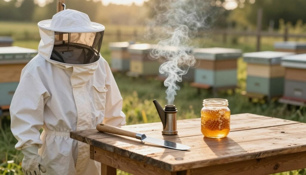 A rustic wooden table filled with essential beekeeping tools and safety gear. In the foreground, a well-worn bee suit hangs on a hook, featuring a white ventilated jacket, gloves, and a veil. Beside it, a hive tool with a metal blade glints in the sunlight. In the middle, a smoker releases a gentle puff of smoke, while a jar of honeycomb sits attractively next to it, showcasing its golden color. In the background, a soft-focus apiary with hives is bathed in warm afternoon light, creating a serene atmosphere. The setting conveys a peaceful yet purposeful vibe, evoking the diligent work of beekeeping. Field depth is blurred slightly to focus on the tools, adding richness to the image.
