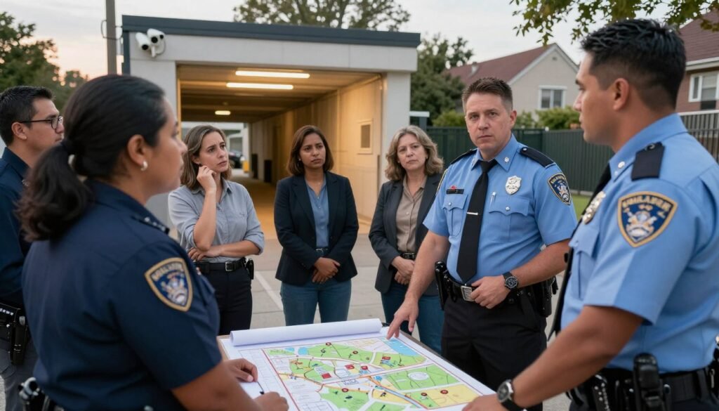 A scene depicting a professional meeting between local law enforcement officers and community members. In the foreground, two officers in crisp uniforms are engaged in conversation, one gesturing towards a community map spread on a table. Community members, dressed in smart casual attire, express concern and interest. In the middle ground, a well-lit entrance tunnel is under discussion, showcasing security measures like CCTV cameras and lighting. The background features a cityscape, hinting at a residential area, with trees and houses visible. The atmosphere is collaborative and reassuring, illuminated by soft, warm lighting, capturing a spirit of unity and proactive crime prevention. The camera angle is slightly elevated to provide a clear view of the interaction, emphasizing both the law enforcement presence and community engagement.